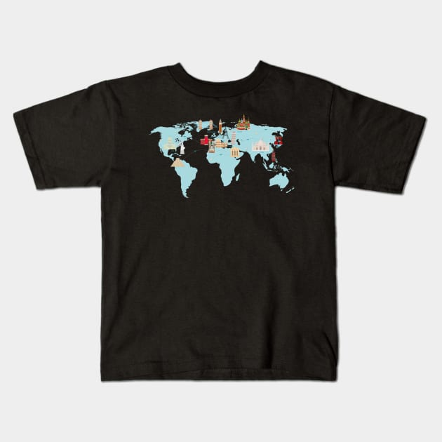 4K World Travel Map | HD Sightseeing Map of The World | High Resolution Travelling Map Kids T-Shirt by benayache